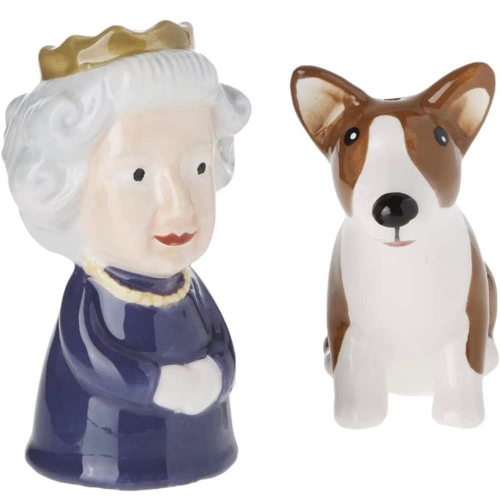 HRH Queen Elizabeth II and Corgi Figures Salt and Pepper Shaker Set RIP